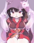  1girl animal_ears azur_lane black_hair black_kimono blush cat_ears commentary_request covered_nipples fang fox_mask furry highres japanese_clothes kimono kogen looking_at_viewer mask mask_on_head navel open_mouth paws red_eyes short_kimono sitting smile solo veil wide_sleeves yamashiro_(azur_lane) 