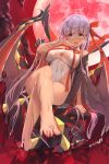  1girl aile_(crossroads) bangs barefoot bb_(fate)_(all) bb_(swimsuit_mooncancer)_(fate) black_coat blush breasts cleavage clouds fate/extra fate/extra_ccc fate/grand_order fate_(series) feet gloves hips large_breasts legs legs_crossed leotard long_hair looking_at_viewer moon neck_ribbon open_mouth popped_collar purple_hair red_moon red_ribbon ribbon sitting solo tentacle torn_clothes torn_coat torn_leotard vampire_costume violet_eyes waist white_gloves white_leotard wings 