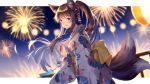 1girl :d aerial_fireworks animal_ears bangs blurry blurry_background blush brown_hair commentary_request copyright_request depth_of_field eyebrows_visible_through_hair fingernails fireworks floral_print fox_ears fox_girl fox_tail from_side hair_between_eyes highres holding itsia japanese_clothes kimono kitsune long_hair long_sleeves looking_at_viewer looking_to_the_side multiple_tails night night_sky obi open_mouth ponytail print_kimono railing sash sky smile solo tail two_tails violet_eyes white_kimono wide_sleeves wind_chime 