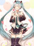  1girl absurdly_long_hair birthday black_legwear black_skirt blue_hair blue_nails blue_neckwear blush closed_eyes detached_sleeves floating_hair grin hair_between_eyes hair_ornament hatsune_miku headphones headset highres index_finger_raised konomi_(kumagai20) long_hair microphone miniskirt nail_polish necktie number pleated_skirt shirt skirt sleeveless sleeveless_shirt smile solo standing tattoo thigh-highs twintails very_long_hair vocaloid white_shirt zettai_ryouiki 