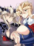  2girls ahoge armor artoria_pendragon_(all) artoria_pendragon_(lancer) artoria_pendragon_(lancer_alter) blonde_hair blush braid breasts cape cleavage cleavage_cutout crown crown_braid dual_persona expressionless eyebrows_visible_through_hair fate/grand_order fate_(series) fur_trim green_eyes hand_holding large_breasts looking_at_viewer multiple_girls navel pale_skin red_cape shoulder_armor simple_background stomach tiara under_boob upper_body yasakani_an yellow_eyes 