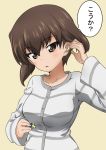  1girl adjusting_hair bangs blush brown_eyes brown_hair casual commentary ear_protection earphones earphones eyebrows_visible_through_hair girls_und_panzer grey_shirt head_tilt holding kanau long_sleeves looking_at_viewer nishizumi_maho parted_lips shirt short_hair simple_background solo standing striped striped_shirt upper_body yellow_background 