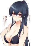  1girl anchor bikini black_bikini black_hair blush breasts cleavage collarbone eyebrows_visible_through_hair hair_between_eyes hand_on_own_chest ichinomiya_(blantte) kantai_collection large_breasts long_hair looking_at_viewer ponytail red_eyes sidelocks simple_background smile solo swimsuit translated upper_body white_background yahagi_(kantai_collection) 