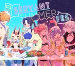  1boy 5girls alcohol backwards_hat bb_(fate)_(all) bb_(swimsuit_mooncancer)_(fate) black_hair blonde_hair cup day drinking_straw drunk fate/grand_order fate_(series) food ggk-kgr hat horns ibaraki_douji_(fate/grand_order) ibaraki_douji_(swimsuit_lancer)_(fate) japanese_clothes jeanne_d&#039;arc_(alter_swimsuit_berserker) jeanne_d&#039;arc_(fate)_(all) kimono meat medb_(fate)_(all) medb_(swimsuit_saber)_(fate) multiple_girls neon neon_lights night ocean oni oni_horns orange_hair pale_skin pancake phone pink_hair purple_hair robin_hood_(fate) self_shot shrimp sign sparkle star star_(sky) sushi swimsuit table ushiwakamaru_(fate/grand_order) ushiwakamaru_(swimsuit_assassin)_(fate) whipped_cream 