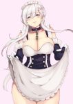  1girl apron azur_lane bangs bare_shoulders belfast_(azur_lane) between_breasts blush braid breasts chains cleavage collar collarbone corset dress dress_lift elbow_gloves eyebrows_visible_through_hair french_braid frilled_apron frilled_gloves frills gloves grey_background hair_between_eyes half-closed_eyes head_tilt highres large_breasts lifted_by_self maid maid_apron maid_headdress mios1225 parted_lips side_braid silver_hair simple_background smile solo standing thighs violet_eyes waist_apron white_apron white_gloves 