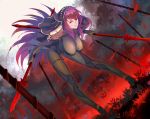  1girl bent_over bodysuit breasts dual_wielding fate/grand_order fate_(series) flower gae_bolg hair_intakes hanging_breasts highres holding holding_weapon large_breasts long_hair looking_at_viewer pauldrons polearm purple_bodysuit purple_hair red_eyes scathach_(fate)_(all) scathach_(fate/grand_order) shoulder_armor smile spear spider_lily tea_sly veil weapon 