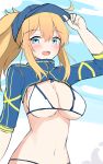  1girl :d absurdres adjusting_clothes adjusting_hat ahoge arm_up artoria_pendragon_(all) bangs baseball_cap bikini blonde_hair blue_eyes blue_hat blue_jacket blue_sky blush breasts cleavage cropped_jacket day eyebrows_visible_through_hair fate/grand_order fate_(series) hair_between_eyes hair_through_headwear hat highres jacket large_breasts long_hair looking_at_viewer moyoron mysterious_heroine_xx_(foreigner) navel open_mouth outdoors short_sleeves sidelocks sky smile solo swimsuit tentacle white_bikini 