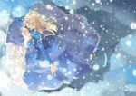  1girl artoria_pendragon_(all) azomo blonde_hair blue_dress breasts cleavage_cutout closed_mouth commentary dancing dress fate/stay_night fate_(series) hair_down hand_on_own_chest juliet_sleeves long_dress long_hair long_sleeves puffy_sleeves saber small_breasts smile snow snowing solo standing 