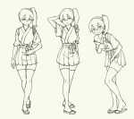  1girl arm_behind_back blush covering covering_breasts covering_crotch embarrassed grey_background greyscale hair_between_eyes hakama_skirt hand_up kaga_(kantai_collection) kantai_collection monochrome multiple_views off_shoulder one_side_up parted_lips pas_(paxiti) sandals short_sleeves simple_background standing tabi thigh-highs 