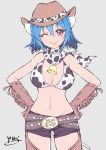  absurdres animal_print bell bell_collar belt breasts chaps cleavage closed_mouth collar cow_bell cow_girl cow_horns cow_print cow_tail cowboy_hat eyebrows_visible_through_hair gloves hair_between_eyes hat highres horns jashin-chan_dropkick looking_at_viewer midriff minos_(jashin-chan_dropkick) one_eye_closed red_eyes shirt short_shorts shorts simple_background smile solo tail yyuki317 
