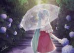  1girl blue_flower blue_hair closed_eyes cowboy_shot flower from_behind hair_between_eyes hair_flower hair_ornament hatsune_miku high-waist_skirt holding holding_umbrella hydrangea kicchan long_hair melt_(vocaloid) rain red_skirt shirt short_sleeves signature skirt smile solo stairs standing transparent transparent_umbrella twintails umbrella very_long_hair vocaloid white_flower white_shirt 