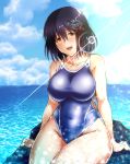  1girl adapted_costume beach black_hair blue_sky blush breasts brown_eyes clouds cloudy_sky collarbone competition_swimsuit haguro_(kantai_collection) hair_between_eyes hair_ornament kantai_collection large_breasts light_reflection_(water) looking_at_viewer makka_na_kedamono ocean one-piece_swimsuit open_mouth purple_swimsuit rock short_hair sitting sky solo sun sunlight swimsuit water wet 