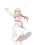  1girl ^_^ arm_at_side arm_up bangs blonde_hair breasts closed_eyes closed_eyes clothes_lift eyebrows_visible_through_hair floating_hair fullmetal_alchemist happy long_hair long_skirt open_mouth pink_shirt ponytail riru shirt simple_background skirt sleeveless sleeveless_shirt smile solo waving white_background white_skirt wind wind_lift winry_rockbell 