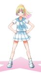  1girl blonde_hair closed_mouth creatures_(company) full_body game_freak green_eyes green_hair hands_on_hips highres lillie_(pokemon) lillie_(pokemon)(cosplay) long_hair multicolored_hair nintendo pink_hair pokemon pokemon:_minna_no_monogatari pokemon_(anime) pokemon_(game) pokemon_sm ponytail redpoke risa_(pokemon) shirt short_sleeves simple_background skirt smile socks solo standing white_background white_legwear white_shirt white_skirt 