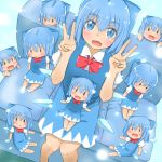  6+girls :3 arms_up blue_bow blue_dress blue_eyes blue_hair blush bow chibi cirno clone commentary_request couch double_v dress dutch_angle eyebrows_visible_through_hair fang feet_out_of_frame from_above hair_between_eyes hair_bow light_particles looking_at_viewer mizune_(winter) multiple_girls open_mouth pinafore_dress red_neckwear red_ribbon ribbon shirt simple_background sitting sitting_on_lap sitting_on_person smile solid_oval_eyes touhou v white_shirt wings 