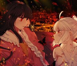  2girls ahoge bangs black_hair blunt_bangs bow bug butterfly commentary_request daimaou_ruaeru dirty_clothes dirty_face embers eye_contact frilled_shirt_collar frilled_sleeves frills fujiwara_no_mokou hair_bow hand_up highres houraisan_kaguya insect long_sleeves looking_at_another multiple_girls pink_shirt red_eyes shirt short_sleeves silver_hair sleeves_past_fingers sleeves_past_wrists torn_clothes torn_sleeves touhou upper_body white_bow white_shirt wide_sleeves wing_collar yellow_bow 