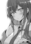  1girl :o bangs blush breasts collared_shirt crossed_arms eyebrows_visible_through_hair greyscale hair_between_eyes highres jacket long_hair long_sleeves looking_at_viewer makise_kurisu medium_breasts monochrome mushi024 necktie off_shoulder shiny shiny_hair shirt solo steins;gate upper_body white_background 