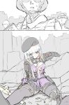  1girl amputee android beret bodysuit breasts comic girls_frontline grey_hair gun hat hk416_(girls_frontline) long_hair mechanical_parts no_pupils rifle shell_casing sweat take_(trude1945oneetyan) thighs weapon 