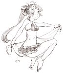  1girl ass bikini breasts dated frilled_bikini_bottom full_body highres irako_(kantai_collection) kantai_collection lineart long_hair looking_at_viewer lynchis monochrome ponytail sarong small_breasts solo swimsuit 