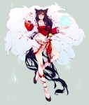  1girl ahri animal_ears black_hair boots breasts detached_sleeves fox_ears fox_girl fox_tail kae_hokora knee_boots league_of_legends long_hair multiple_tails solo standing standing_on_one_leg tagme tail thighs traditional_media very_long_hair watercolor_(medium) yellow_eyes 