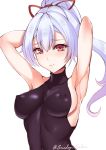  1girl arms_up breasts covered_nipples eyebrows_visible_through_hair fate/grand_order fate_(series) hair_between_eyes highres large_breasts light_blue_hair long_hair looking_at_viewer ponytail sideboob simple_background solo sunday_se7en tomoe_gozen_(fate/grand_order) twitter_username upper_body white_background 