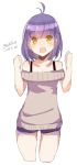  1girl :d antenna_hair bangs bare_shoulders blue_shorts blush brown_eyes brown_shirt clenched_hands collarbone cropped_legs dated eyebrows_visible_through_hair hands_up maze_(gochama_ze_gohan) off-shoulder_shirt open_mouth original purple_hair shirt short_shorts shorts signature simple_background sketch smile solo white_background 