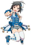  1girl :d absurdres akizuki_ritchan antenna_hair asymmetrical_gloves black_eyes black_hair blue_bow blue_gloves blue_neckwear blue_shorts blush bow fingerless_gloves floating_hair full_body gloves hat hat_bow highres idolmaster idolmaster_(classic) idolmaster_platinum_stars kikuchi_makoto looking_at_viewer midriff navel necktie open_mouth outstretched_arm short_hair short_necktie short_shorts shorts smile solo stomach thigh-highs transparent_background twinkle_star_(idolmaster) white_hat white_legwear zettai_ryouiki 