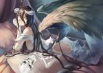  1girl ainz_ooal_gown albedo azomo bed black_hair black_wings chin_rest closed_mouth commentary_request dakimakura_(object) demon_girl demon_tail dress elbow_gloves feathered_wings from_side gloves hair_between_eyes horns long_hair looking_at_viewer looking_to_the_side low_wings on_bed overlord_(maruyama) pillow side_cutout slit_pupils smile solo tail very_long_hair white_dress wings yellow_eyes 