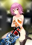  1girl ayasato_karen black_legwear blush breasts collarbone commentary_request covering covering_breasts highres kantai_collection kneeling large_breasts light_smile nude pink_hair red_eyes short_hair solo tama_(kantai_collection) thigh-highs torn_clothes torn_flag torn_thighhighs 