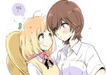  2girls asagao_to_kase-san blonde_hair blush brown_hair closed_mouth hat imminent_kiss kase_tomoka looking_at_another multiple_girls official_art plant_on_head red_ribbon ribbon school_uniform short_hair straw_hat sweater_vest takashima_hiromi thought_bubble upper_body yamada_yui yuri 