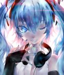  1girl azomo bangs bare_shoulders blue_eyes blue_hair blue_nails bridal_gauntlets commentary fingernails hair_between_eyes hand_up hatsune_miku headphones highres looking_at_viewer miku_append nail_polish one_eye_closed smile solo twintails upper_body vocaloid vocaloid_append 