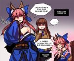  2girls animal_ears bangs bare_shoulders blue_bow blush bow breasts brown_eyes brown_hair cleavage detached_sleeves evil_smile fate/extra fate_(series) fox_ears hair_between_eyes hair_bow hand_to_own_mouth hooreng kishinami_hakuno_(female) korean large_breasts long_hair looking_at_another multiple_girls multiple_views pink_hair shaded_face sleeves_past_wrists smile sparkle sweat tamamo_(fate)_(all) tamamo_no_mae_(fate) translation_request yellow_eyes 