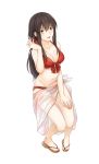  1girl :d akagi_(kantai_collection) asakawa_shinka bikini black_hair breasts cleavage collarbone eyebrows_visible_through_hair from_above full_body hair_between_eyes hair_ornament hair_scrunchie hand_on_lap highres invisible_chair kantai_collection large_breasts long_hair looking_at_viewer open_mouth red_bikini red_scrunchie sarong scrunchie sitting smile solo swimsuit transparent transparent_background yellow_eyes 