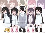  5girls alternate_costume alternate_hairstyle black_hair boots commentary_request drawstring emperor_penguin_(kemono_friends) everyone eyebrows_visible_through_hair gentoo_penguin_(kemono_friends) grey_hair hair_over_one_eye headphones hood hood_down hoodie humboldt_penguin_(kemono_friends) kemono_friends long_hair long_sleeves multicolored_hair multiple_girls orange_hair penguins_performance_project_(kemono_friends) pink_hair pleated_skirt purple_hair rockhopper_penguin_(kemono_friends) royal_penguin_(kemono_friends) seto_(harunadragon) short_hair skirt socks thigh-highs twintails white_hair younger 