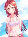  1girl absurdres arm_behind_back armlet bikini blurry blurry_background blush breasts cleavage collarbone dutch_angle floating_hair groin hair_between_eyes halterneck highres long_hair looking_at_viewer love_live! love_live!_sunshine!! navel ocean redhead sakurauchi_riko shaka_(staito0515) shiny shiny_hair small_breasts smile solo standing swimsuit underwear underwear_only very_long_hair yellow_eyes 