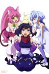  3girls :d ^_^ absurdres animal_ears ayame_(gundam_build_divers) bangs bike_shorts blue_hair blush boots bridal_gauntlets cat_ears cat_tail closed_eyes closed_eyes creature detached_sleeves dress eyebrows_visible_through_hair gundam gundam_build_divers hair_intakes highres japanese_clothes jewelry long_hair low_twintails momo_(gundam_build_divers) multiple_girls necklace newtype official_art open_mouth pantyhose pink_hair pink_skirt poking ponytail purple_hair purple_legwear sara_(gundam_build_divers) scan scarf shadow shiny shiny_hair shorts shorts_under_skirt simple_background sitting skirt smile tail thigh-highs thigh_boots toida_juri twintails very_long_hair violet_eyes wariza wavy_mouth white_background white_dress 