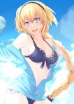  1girl :d absurdres bikini black_hairband blonde_hair blue_bikini blue_eyes blue_jacket blue_sky braid breasts cleavage clouds collarbone cosmicsnic day fate/grand_order fate_(series) floating_hair front-tie_bikini front-tie_top hair_between_eyes hair_ornament hairband highres jacket jeanne_d&#039;arc_(fate)_(all) jeanne_d&#039;arc_(swimsuit_archer) long_hair looking_at_viewer medium_breasts off_shoulder open_clothes open_jacket open_mouth outdoors side-tie_bikini sideboob single_braid sky smile solo standing swimsuit unzipped very_long_hair 