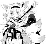  1girl 1other ^_^ animal_ear_fluff animal_ears apron arknights bangs blush closed_eyes ddari doctor_(arknights) eyebrows_visible_through_hair fox_ears fox_girl fox_tail gloves greyscale hair_between_eyes hairband holding holding_staff hood hood_up kitsune monochrome parted_lips shirt simple_background single_glove skirt staff suzuran_(arknights) tail waist_apron white_background 