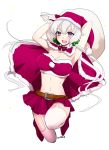  1girl alternate_costume arms_behind_back artist_name blush breasts cape christmas cleavage fur-trimmed_cape fur_trim grey_hair hair_between_eyes hat large_breasts long_hair mo253 sack santa_costume santa_hat senki_zesshou_symphogear solo thigh-highs thighs violet_eyes white_background yukine_chris 