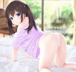  1girl all_fours ass bed_sheet blue_eyes blurry blurry_background blush brown_hair commentary_request depth_of_field highres indoors long_hair looking_at_viewer mito_ichijyo no_pants off_shoulder original oversized_clothes oversized_shirt panties parted_lips purple_shirt shirt solo twintails underwear white_panties window 
