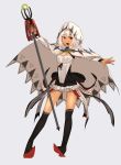  1girl altera_(fate) alternate_costume bangs breasts brooch cleavage cloak dark_skin detached_sleeves eyebrows_visible_through_hair fate/extella fate/extra fate/grand_order fate_(series) full_body full_body_tattoo headdress highres holding holding_weapon hood i-pan jewelry legs magical_girl open_mouth photon_ray red_eyes red_footwear short_hair simple_background skirt small_breasts socks solo staff tan tattoo weapon white_hair white_skirt 