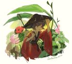  1girl aibivy bowl bowl_hat bug flower hat insect japanese_clothes kimono ladybug leaf minigirl mushroom rain sukuna_shinmyoumaru touhou 