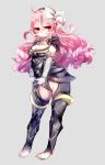  1girl armor black_armor black_hairband bow breasts cleavage commentary_request elbow_gloves female_my_unit_(fire_emblem_if) fire_emblem fire_emblem_if full_body gloves gold_trim grey_background hair_bow hairband half-closed_eyes highres long_hair medium_breasts my_unit_(fire_emblem_if) negiwo nintendo pink_hair pointy_ears red_eyes simple_background solo standing white_bow white_gloves 