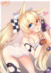  1girl :d animal_ears artist_name ass bangs bare_shoulders black_gloves blonde_hair blue_eyes blush bow braid breasts brown_background cat_ears character_name checkered checkered_bow collarbone commentary_request eyebrows_visible_through_hair fang g41_(girls_frontline) girls_frontline gloves gmkj hair_between_eyes hair_bow hair_ornament hand_up heart heterochromia highres leaning_forward long_hair looking_at_viewer name_tag one-piece_swimsuit open_mouth paw_pose pink_ribbon pixiv_id red_eyes ribbon school_swimsuit side_braid signature single_braid small_breasts smile solo swimsuit twintails two-tone_background very_long_hair white_background white_school_swimsuit white_swimsuit 