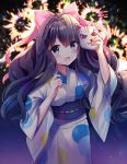  1girl :d aerial_fireworks arm_up bangs black_hair blue_eyes blush bow cat_mask commentary_request eyebrows_visible_through_hair fireworks hair_between_eyes hair_bow hand_up holding holding_mask japanese_clothes kimono long_hair long_sleeves looking_at_viewer mask mask_removed minami_saki night night_sky obi open_mouth original outdoors pink_bow sash sky smile solo standing very_long_hair white_kimono wide_sleeves 