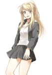  1girl :d bangs bare_legs black_skirt blonde_hair blue_eyes cowboy_shot eyebrows_visible_through_hair fullmetal_alchemist happy jacket long_hair looking_at_viewer open_mouth ponytail riru shirt simple_background skirt smile solo thighs upper_body white_background white_shirt winry_rockbell 