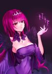  1girl bangs breasts cleavage commentary_request covered_navel dark_background dress eyebrows_visible_through_hair fate/grand_order fate_(series) fur_trim hand_up highres jewelry large_breasts long_hair parted_lips purple_dress purple_hair red_eyes runes scathach_(fate)_(all) scathach_(fate/grand_order) scathach_skadi_(fate/grand_order) solo sunday_se7en tiara 