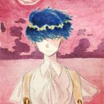 1other androgynous blue_eyes blue_hair expressionless golden_arms heterochromia hikurage_(hikurage10) houseki_no_kuni looking_at_viewer moon necktie phosphophyllite phosphophyllite_(ll) pink_sky see-through serious short_hair solo spoilers traditional_media upper_body white_eyes wind 