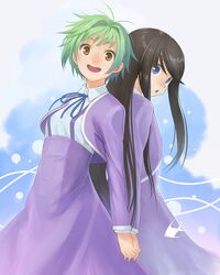  2girls :d :o amanchu! antenna_hair back-to-back black_hair blue_eyes blue_ribbon brown_eyes brown_hair dress friends green_hair hand_holding hirokiku interlocked_fingers kohinata_hikari long_hair long_sleeves looking_at_viewer looking_back multiple_girls ooki_futaba open_mouth purple_dress ribbon school_uniform short_hair smile teeth very_short_hair 