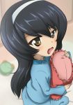  1girl bangs black_hair blue_pants blue_shirt blurry blurry_background brown_eyes depth_of_field eyebrows_visible_through_hair from_side frown girls_und_panzer hairband holding kanau long_hair long_sleeves looking_at_viewer looking_up on_bed open_mouth pajamas pants pillow pillow_hug reizei_mako shirt sitting solo wavy_mouth white_hairband 